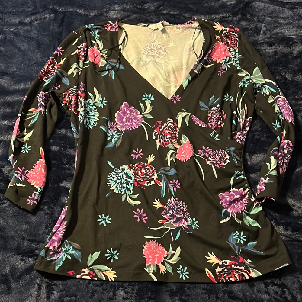 Candie's Floral and Black 3/4 Sleeve Wrap Blouse